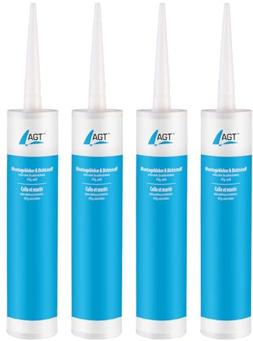 AGT Kleber für Stein: 4er-Set Montagekleber/Dichtstoffe, extra-stark, außen/innen, 475g,weiß (Montagekleber geruchlos, Montagekleber Bodenplatte, Spiegel)