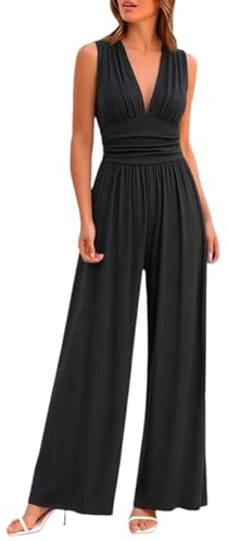 Leaomuny Tuta Elegante Donna Cerimonia Curvy,Jumpsuit Lunga Intera Senza Maniche Scollo a V Casual,Salopette Estiva Pantaloni Larghi Slim Fit,Monopezzi Tutina Festa Da Sera,Overalls Cocktail Jumpsuits
