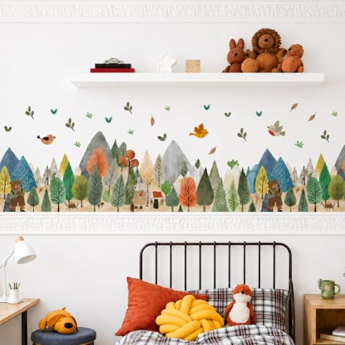 WandSticker4U®- Wandtattoo WALD Kinderzimmer Bordüre (88x40 cm) I Aquarell Wandsticker Babyzimmer Wald Tiere Berge Natur I Boho Wandaufkleber Kinderzimmer Deko skandinavisch selbstklebend