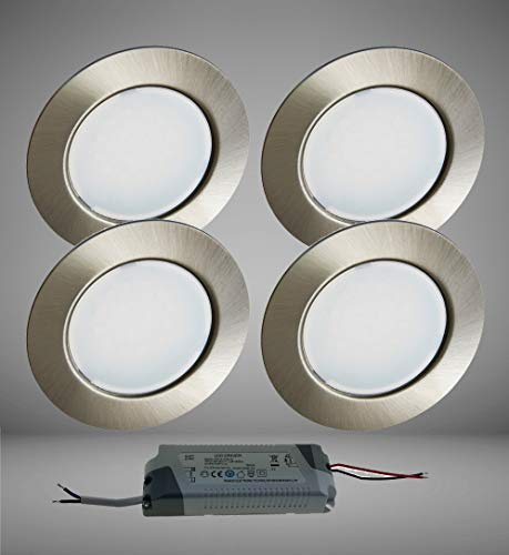 Trango 4er Set G4E-042T dimmbar LED Möbel Einbaustrahler 12Volt AC/DC inkl. 1x LED-Trafo (12 Volt AC) in Edelstahl-Optik, Deckenleuchte zum Austausch G4 Halogen Möbelleuchten, Küchenhaube-Leuchten