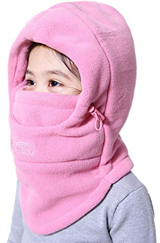 VJOLI Unisex Kinder Winter Mütze Jungen Mädchen Kapuzenschal, 5 in 1 Hut mit Warmen Schal Ski-Outdoor Sport Winter Schlupfmütze Cap 1-10 Jahren (Pink)