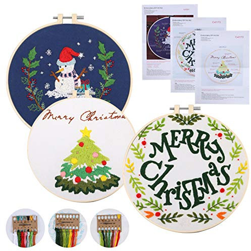 FOGAWA 3pcs Kit Ricamo Principianti di Natale Ricamo Starter Kit Natalizio per Decorazione Set per Ricamo a Punto Croce per Principianti Kit Ricamo per Adulti e Bambini con Strumenti e Manuale