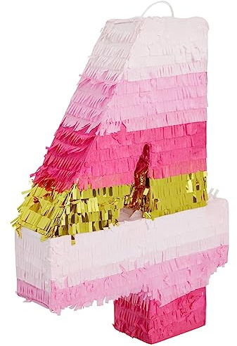 Nummer 4 Pinata, rosa och guldfolie för flickors 4:e födelsedagsfestdekorationer (Liten, 41,9 x 27,9 cm)