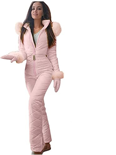 Tuta da neve da donna, tuta intera lunga da sci con cappuccio per donne, monopezzo, tuta da sci invernale, impermeabile, calda, per attività all'aperto., Colore: rosa., S