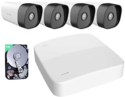 Tenda 4MP 4CH PoE Kit Cámaras de Vigilancia, 4X Cámaras IP Seguridad PoE Exterior, 4CH NVR con 1TB HDD para Grabación 24/7, Detección Humana AI, IP66 Impermeable, K4P-4TR-1T