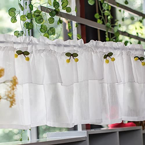 A.Monamour Short Curtain for Small Window Cotton Linen White Sheer Voile Tulle Tier Curtain With Yellow Cherry Window Treatment Valance Window Panel Drapes Half Curtain for Kitchen Café Bedroom