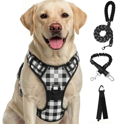 Furryfection Zugfreies Hundegeschirr Reflektierend Plaid Schwarz Größe S | Strapazierfähiges Oxfordgewebe, gepolsterter Griff, 4 Gurte, 2 Leinenösen, für kleine bis mittelgroße Hunde