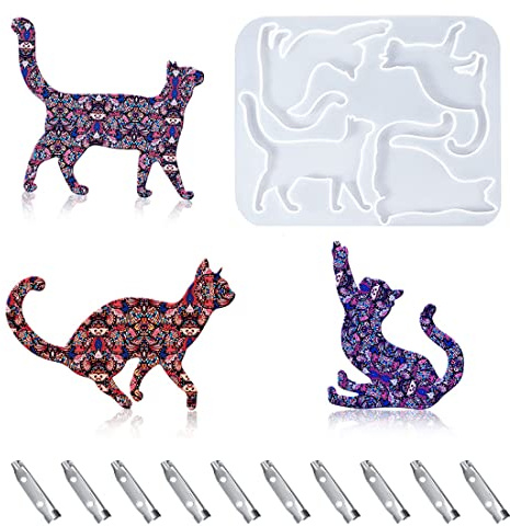 Nifocc Stampo in resina epossidica per gatti e gatti, in cristallo, con 10 spille a forma di animale, stampi in silicone per gioielli fai da te