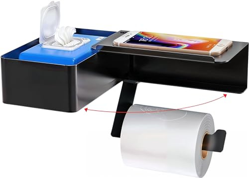 Toilettenpapierhalter ohne Bohren, Klopapierhalter 304 Edelstahl, Schwarzer Klopapierhalter mit Feuchttücherbox, Toilettenpapier Halterung Schwarz Selbstklebend