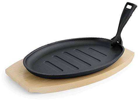 Morleos Lot de 2 poêles à frire en fonte pour barbecue - Support en bois - Poignée amovible - En fonte - 27 x 17,5 x 2 cm