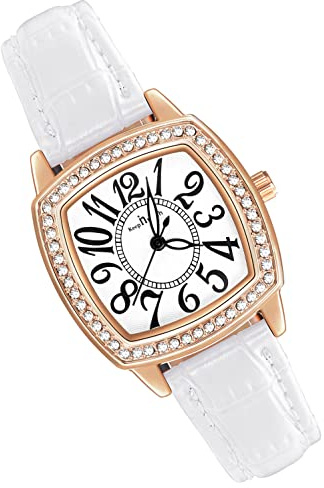 MicLee Montres Bracelet Femme Montres Quartz à Cadran Carre avec Strass Etincelants Montre de Luxe avec Cadran Or Rose à Chiffres Arabes pour Dame Fille Montre Etanche Bracelet Blanc en Cuir