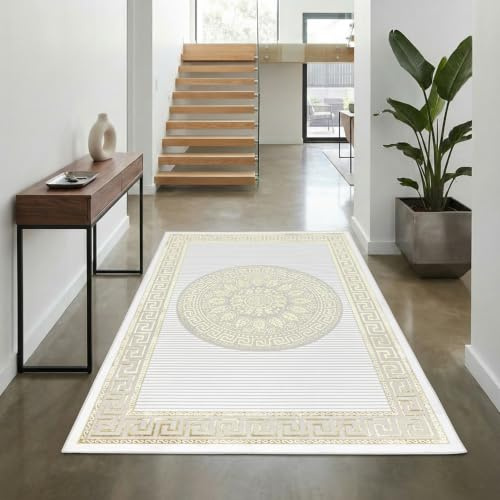 Teppich-Traum Tappeto soggiorno pelo corto corridoio ingresso passatoia breve orientale elegante ornamenti effetto lucido meandro crema oro 80 x 150 cm