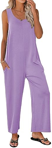 Ekouaer Ärmelloser Jumpsuit für Damen, lässiger Sommer, U-Ausschnitt, Tank-Strampler, weites Bein, Hose, Overall mit Taschen, Flieder, XL