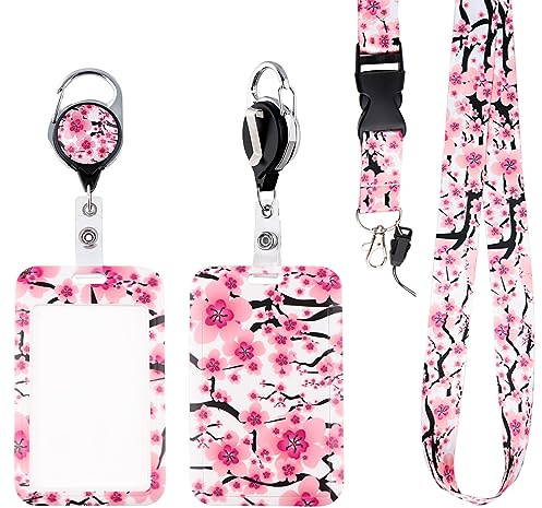 BKBKAAK Rosa Blumen-Schlüsselband mit Ausweishalter und einziehbarem Spulenclip, ästhetisches Schlüsselband für Mädchen, mit Ausweis, Namensschild, Halter für Schlüssel, Schule, Büro
