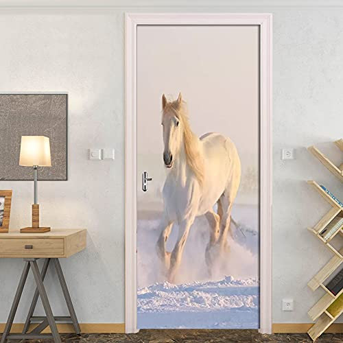 Türtapete Selbstklebend Türposter Schneeweißes Pferd 90X200Cm 3D Effekt Türaufkleber - Fototapete Türfolie Poster Tapete - Pvc Wasserdichte Wandbild Home Wohnzimmer Dekoration Wandtattoo