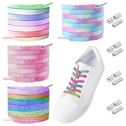 KVBUCC 4 Pairs of Colorful Free-Tie Shoelaces, Metal Buckle Elastic Shoelaces, Universal Replacement Shoelaces, Suitable for Canvas Shoes, Sports Shoes, Boots, Trouser Ropes (120cm)