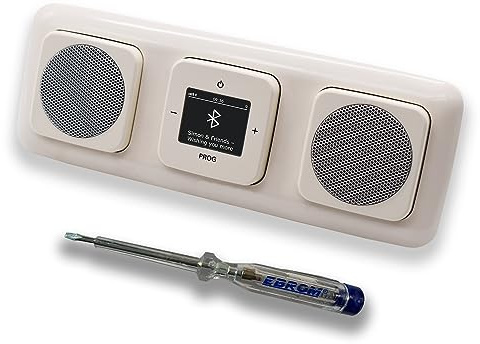 Busch Jäger DAB+ Unterputz Bluetooth (in and out) Radio 8217U-101 DURO2000 cremeweiß, Komplett-Set mit 2 x Lautsprecher, Abdeckungen, Rahmen + EBROM Phasenprüfer zur Montage der Geräte - 8217 U – 101