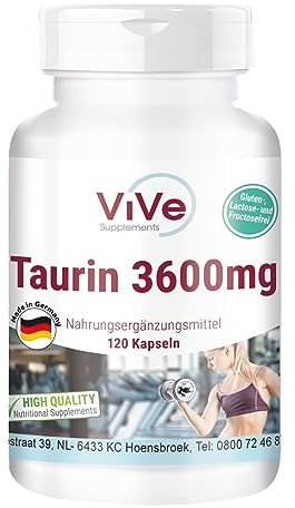 Taurin 3600mg Tagesverzehr - 120 Kapseln - 900mg Taurin pro Kapsel - hochdosiert und vegan | Qualität aus Deutschland von ViVe Supplements