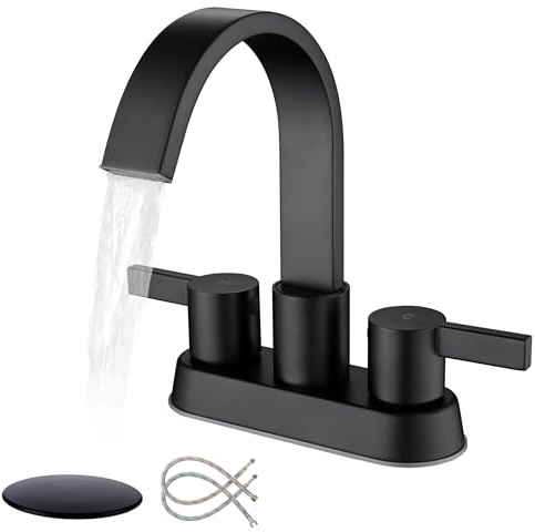 Senhozi Matte Black Bathroom Faucets for Sink 3 Hole, 4 Inch Centerset Waterfall Faucet Bathroom Sink Faucet with Pop-up Drain and 2 Supply Hose, SUS304 2 Handle Faucet for Bathroom Sink, SE-0048-BK
