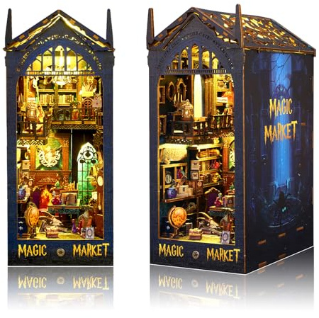 OurMiao Book Nook Kit Magic Market, DIY Booknooks Kit for Adults Teens, Bookshelf Diorama Insert Decor Miniature House Kit Scenes with Sensor Light, 3D Wooden Puzzles