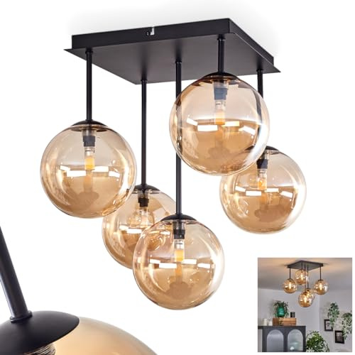 HOFSTEIN Deckenleuchte Chehalis, 4-flammige Deckenlampe aus Metall/Glas in Schwarz/Bernsteinfarben, Leuchte im Retro/Vintage-Design, Ø Schirme 15cm, G9, Esszimmer, Schlafzimmer, Wohnzimmer, Küche