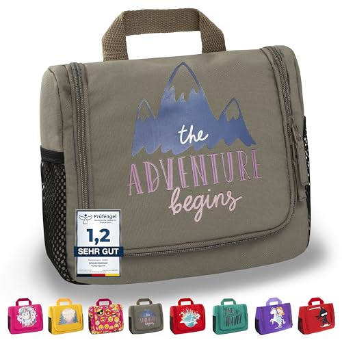 GRINSEZWERGE Kulturtasche für Kinder und Erwachsene - 12 Motive | Reise Kulturbeutel für Damen und Herren | Kosmetiktasche zum Aufhängen | Waschbeutel Waschtasche Reisetasche für Jungen und Mädchen