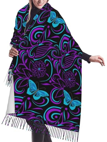 SJOAOAA Kaschmir-Schal mit Fransen für Damen, leicht, für Herbst und Winter, Violett und Blaugrün, Lila Schmetterling u, One size