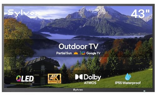 SYLVOX Outdoor Fernseher, 43 Zoll Smart QLED TV, Wetterfest Outdoor TV Support Google Assistant, 4K UHD, Dolby Atmos, IP55 Wasserdicht, 1000 Nits Helligkeit TVS für Terrasse, Garten, Gastronomie