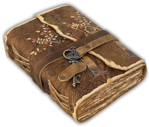 URBAN LEATHER A5 Notizbuch Tagebuch aus Leder mit Herzblättern und Lebensbaum Schlüsselverschluss aus Messing, UV Bedrucktes Vintage Notizbuch in Ledereinband, Unliniertes Büttenpapier in Antikoptik