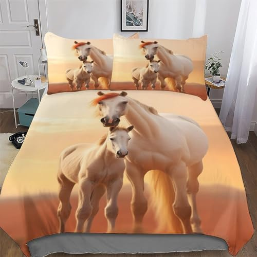 PAZZK Animal Cheval Parure De Lit - Microfibre 3 Pièces - - Housse De Couette Douce Fermeture Éclair - Linge De Lits avec Taies d'oreiller pour Enfants Adultes Double (200x200cm)