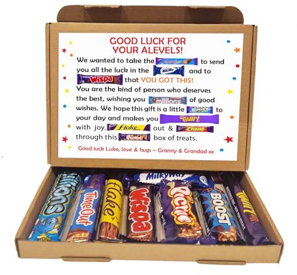 Personalised Exam Good Luck Treat Box/ SATS/ GCSES/ A Levels / 11+ Good Luck Treat Letterbox Gift Hug in a Box Chocolate Poem Unique (A Levels, We / Us)