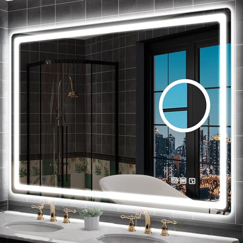 S'bagno Bluetooth Miroir Salle de Bain avec Eclairage 100x70cm, Miroir LED Salle de Bain avec Loupe 5X, Anti-buée, 3000K/4000K/6500K, Dimmable, Mémoire, Verre trempé HD, IP44 Miroir Salle de Bain