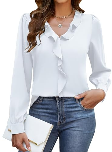 Blooming Jelly Womens Dressy Casual Blouse Business Long Sleeve Tops Ruffle V Neck Work Shirt Fall Outfit 2024(White,M)