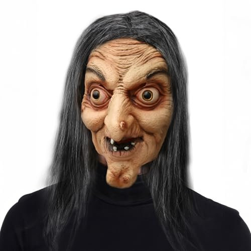 Halloween Gruselige Maske, Hexenmaske mit Haaren Latex Gesichtsmaske Horror Maske für Erwachsene, Alte Hexenmaske Halloween Cosplay Kostüm Gruselige Deko