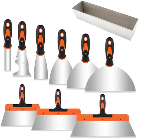 Hanured 10 Pezzi Spatole in Acciaio Inossidabile, Set di Coltelli di Spatola per Stucco, Set di Coltelli di Spatola per Stucco, Spatola Multiuso and Vaschetta Portaintonaco