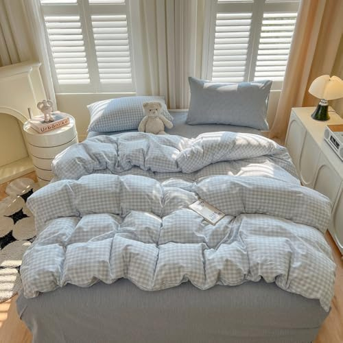 Covebett Gingham Duvet Cover Single Blue and White Plaid Check Bedding Set | Washed Microfiber, Checkered Grid, Geometric, Aesthetic, Soft Quilt Cover 135x200 with Zipper Closure, 1 Pillowcase 50x75 cm