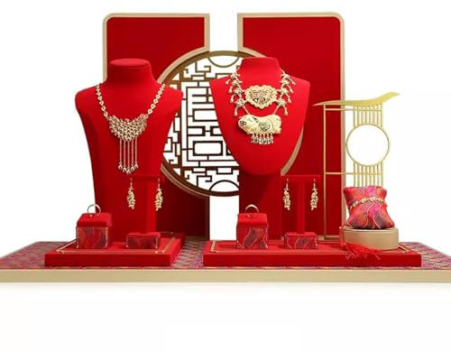 asdchZen Schmuck-Display Mannequin Halskette Büste Chinesischen Roten Samt Set Für Showcase Organizer Arbeitsplatte T Ständer,Suit 10,One Size