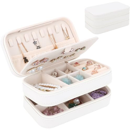 DesignSter Schmuckkästchen Reise, Kleine Tragbar Schmuckkasten Damen mit 2 Reißverschlüssen für Ringe, Ohrringe, Halsketten, 2 Ebenen Schmuckaufbewahrung, Schmuckkoffer, Beige