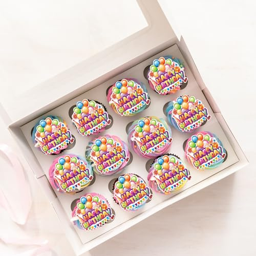18 x PRECUT Happy Birthday Balloons Celebration Cupcake Topper | Edible Wafer Paper, Cake Toppers, Decoration