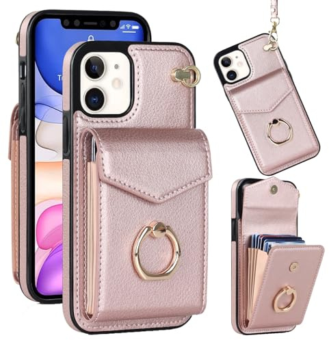 Knoowcase for iPhone 11 Case Shockproof Wallet with Card Holder Slots Ring Wrist Strap PU Leather Shell RFID Blocking Kickstand Magnet Full Protective Cover for iPhone 11, Rosegold