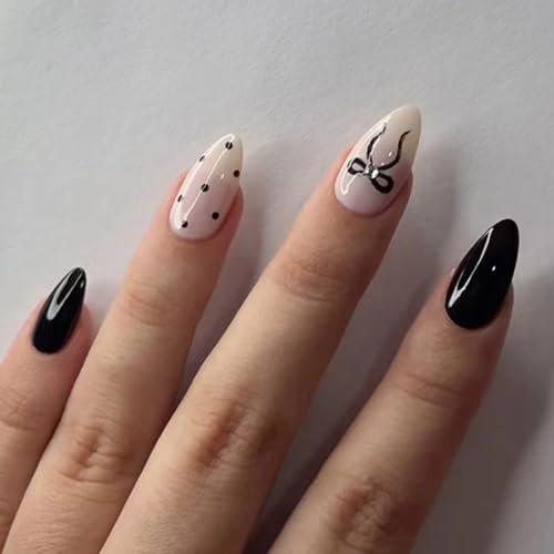 Ceboic 24 Pcs French Tip Press on Nails Medium Long Black White Almond Fake Nails With Polka Dot & Bow Designs - Natural Reusable Glue on Nails Cute Ballerina Stick on Nail for Women Girls