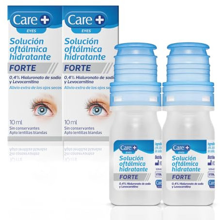Care+, Solución Oftálmica Hidratante Forte, 0.4% Hialuronato de Sodio y L-Carnitina, Alivio Ojos Secos, Colirio Hidratante Compatible con Lentes de Contacto, 10 ml x 2 uds