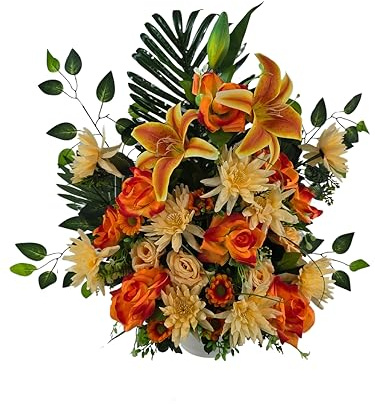 DRW Kunstblumen-Zentrum, Friedhof, Kirche, Hochzeitsgräber, Orange mit Lilien, Rosen, Dahlien und Gänseblümchen, 74 x 26 x 70 cm