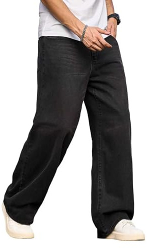 Zewool Herren Baggy Hip Hop Jeans Weite Beinform Skater Jeans Lässige Lockere Passform Denim-Hosen Streetwear Gerade Entspannte Passform Y2K Extreme Bewegungsfreiheit Skateboard,A10 Schwarz,L