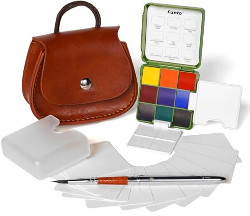 Funto Mini Watercolor Set Travel Kit with 9 Colors, Leather Bag & Watercolor Paper, Portable Drawing & Painting Supplies for Beginners, Art Gift Set