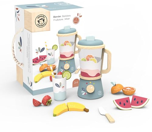 SPEEDY MONKEY Wooden Smoothie Maker Blender Set for Pretend Play | Kids Kitchen Appliance Toy with Wooden Food Accessories | Encourages Imaginative Role Play & Creativity for Kids Ages 3+