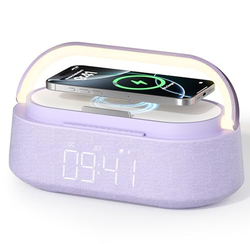 FREEFISH Bluetooth-Lautsprecher mit kabellosem Ladegerät, FM-Radio, verstellbares LED-Nachtlicht, duale kabellose Lautsprecher, geeignet für Heimdekoration, Schlafzimmer, Büro, Geschenk