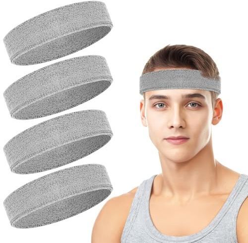 4 Pack Headbands for Men, Sweat Bands Headbands Men & Women, Cotton Terry Sweat Bands for Tennis, Basketball, Running, Gym, Working Out