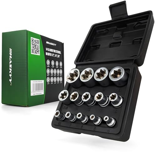 HASKYY Torx Nuss Set 14tlg E-Profil Außentorx Stecknüsse Steckschlüssel Satz E4-E24 1/4 3/8 1/2 Zoll Steckschlüsseleinsätze Innenvierkant