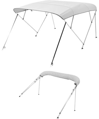 VEVOR Toldo Bimini para Barco 4 Arcos, de Poliéster 600D, Aleación de Aluminio, Impermeable y Parasol, Bolsa de Almacenamiento, 2 Postes de Soporte, 4 Correas, 244 x 185 x 137 cm, Gris Claro